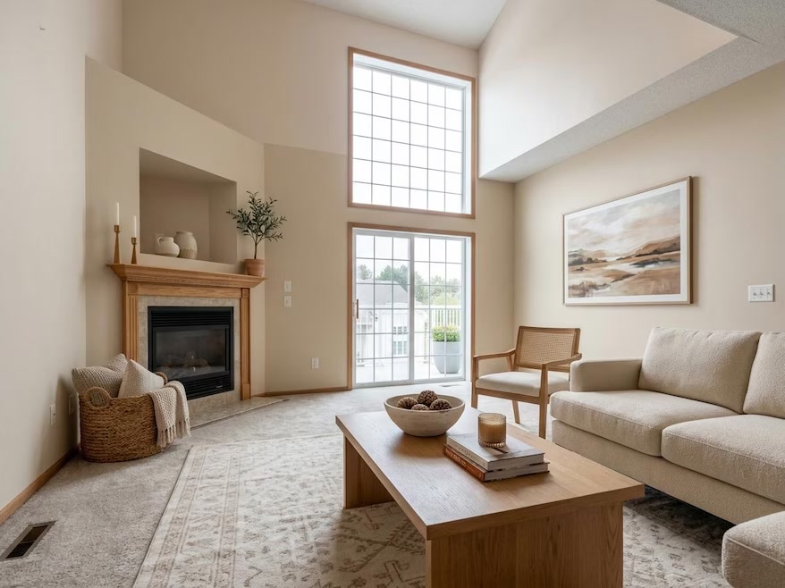 A bright living room with a corner fireplace, vaulted ceiling and tall windows